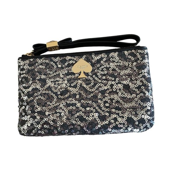 KATE SPADE Leroy Street Glitter Bee Black Leather Silver Sequins Wristlet NWOT - Picture 9 of 9